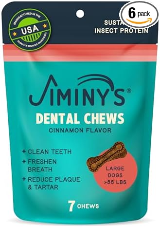Jiminy's Dental Chews for Dogs, Cinnamon Flavor, Scientifically Proven to Improve Oral Health, Dental Bones Clean Teeth, Fight Bad Breath, and Removes Plaque and Tartar, Large, 7ct (Pack of 6)