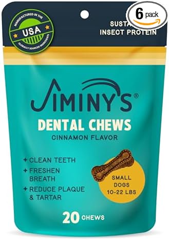 Jiminy's Dental Chews for Dogs, Cinnamon Flavor, Scientifically Proven to Improve Oral Health, Dental Bones Clean Teeth, Fight Bad Breath, and Removes Plaque and Tartar, Small, 20ct (Pack of 6)