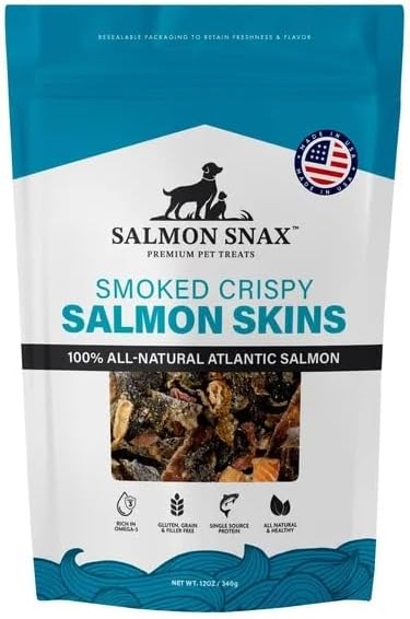 Dog Treats, Smoked Salmon Skin, Grain-Free, Omega-3, 12 oz | Crispy smoked texture dogs crave, 100% wild salmon, high-protein single-ingredient snack, Omega-3 rich, grain-free, 12 oz bag