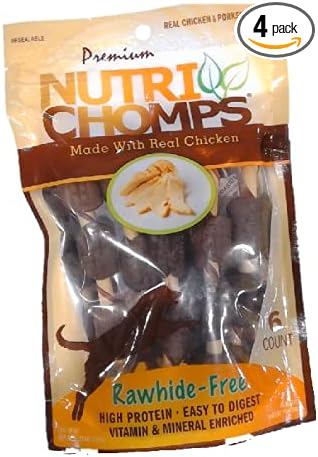 Dog Chews, 5-inch Kabobs, Easy to Digest, Rawhide-Free Dog Treats, 6 Count, real chicken and porkskin chew flavor, Bundle of 4, Brown, 24 Count (NT094V-4)