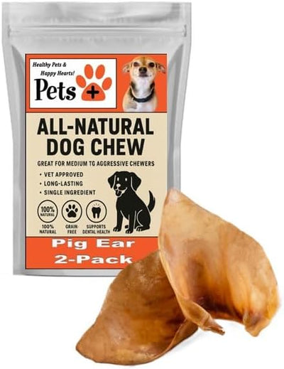 Pets Plus Pig Ear Dog Treats 2-Pack – Natural Long-Lasting Dog Chews, High Protein Single Ingredient Treats for Dental Health & Boredom Relief