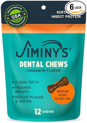 Jiminy's Dental Chews for Dogs, Cinnamon Flavor, Scientifically Proven to Improve Oral Health, Dental Bones Clean Teeth, Fight Bad Breath, and Removes Plaque and Tartar, Medium, 12ct (Pack of 6)