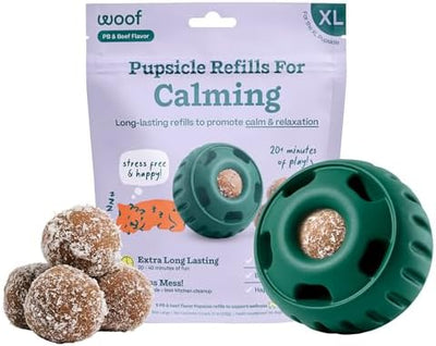 WOOF Pupsicle Calming Starter Kit - Pupsicle and Calming Pops Bundle - Long-Lasting Interactive Dog Toy, Low-Mess Design - 5 Refills with Thiamine, Tryptophan, Passion Flower for XL Dogs 75 lbs and U