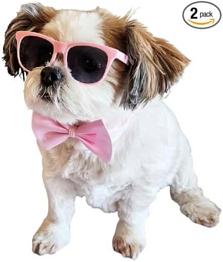 C09 Dog Pet Cat Costume Set Retro Sunglasses + Bow Tie Adjustable for Small-Medium Dogs 12-30 lbs Party Prop Cosplay Photoshoot (Pink 80s + Pink Bow Tie)