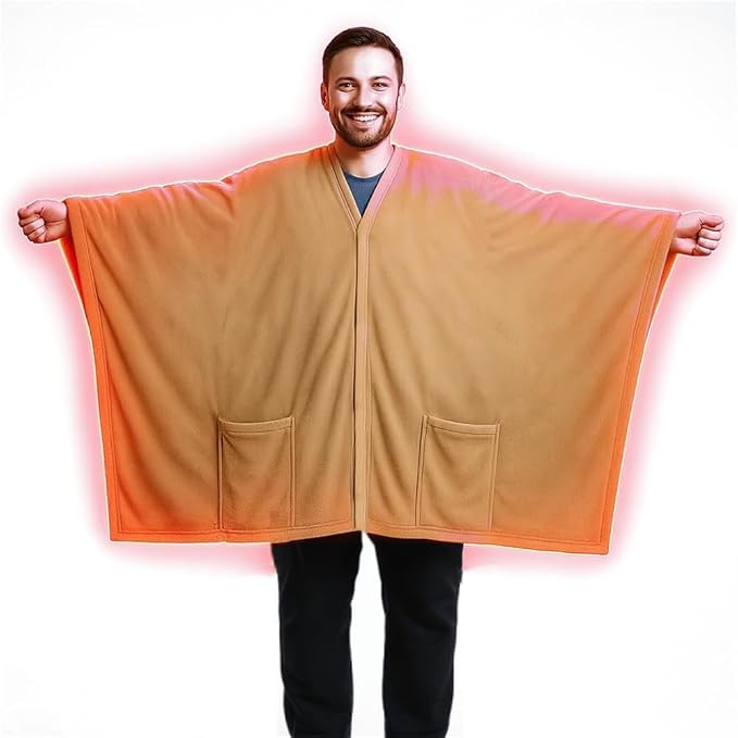 Cordless Wearable Heated Throw Blanket – Large 63"×55" Battery Powered Plush Heating Throw, Dual-Sided Flannel, USB/DC Rechargeable Heated Blanket for Camping, Car, Office & Home (Khaki)