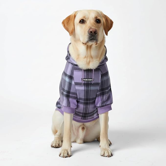 Spark Paws Dog Hoodie – Premium Dog Sweater for Small, Medium, and Large Dogs | Warm Outfits for French Bulldogs, Pitbull, Puppy, Winter Jacket Alternative - Purple Plaid - 3XL