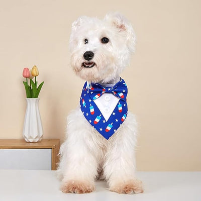 Tuxedo Dog Collar for Wedding Engagement and Birthday, Formal Dog Bandana Collar Costume with Bow Tie and Adjustable Buckle,Suitable for Small Medium Large Dog. (Blue Star, L)