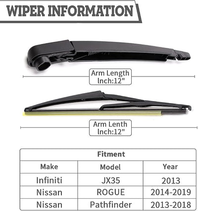 Rear Wiper Arm & Blade Kit,Exact-Fit Replacement for 2014-2020 Nissan Rogue,2013-2019 Pathfinder,OEM-Style Fit,Easy Install in Minutes,Complete Hardware Included (Cap/Nut),Streak-Free Wipe