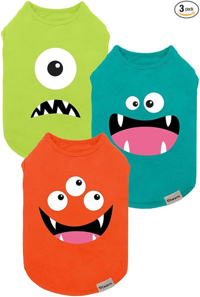 Fitwarm 3 Pack Monster Dog Shirt, Lightweight Funny Dog Tshirt, Summer Clothes for Small Dogs Boy Girl, Pet Outfit, Orange, Green, Teal, XL