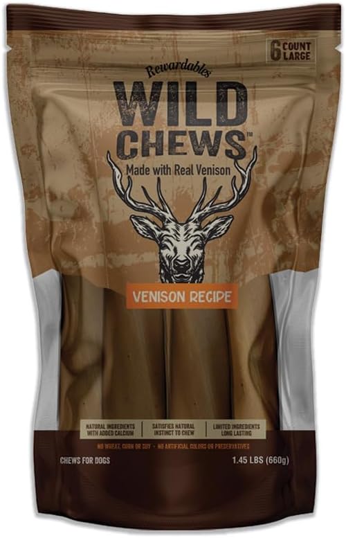 Wild Chews Venison Recipe, Made with Real Venison, Limited Ingredient, Long Lasting Chews for Large Dogs, 6 Count