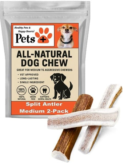 Pets Plus Natural Antler Dog Chews 2-Pack – Long Lasting Split Antlers for Aggressive Chewers, Durable Dog Bones, Odor Free, Grain Free, Supports Dental Health