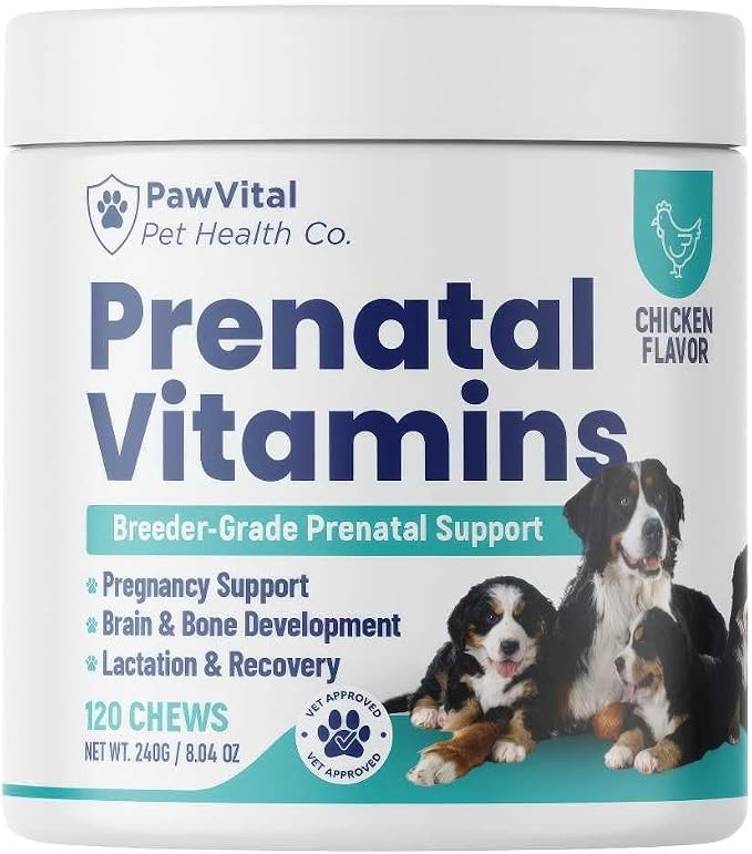 Dog Prenatal Vitamins for Pregnant & Nursing Dogs – 120 Soft Chews with Folic Acid, DHA, Choline, Iron & Calcium – Prenatal Multivitamin Supplement for Puppy Development, Pregnancy & Lactation Support