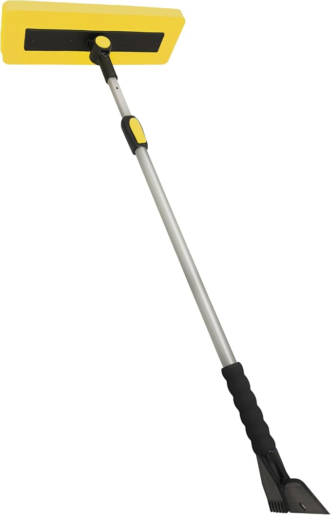 Snow Joe 2-in-1 Telescoping Snow Broom and Ice Scraper with 18-Inch Non-Scratch Foam Head - Car Cleaning Tool with Long Extendable Handle for Windshield, Roof, Truck, and SUV, SJBLZD-PRX