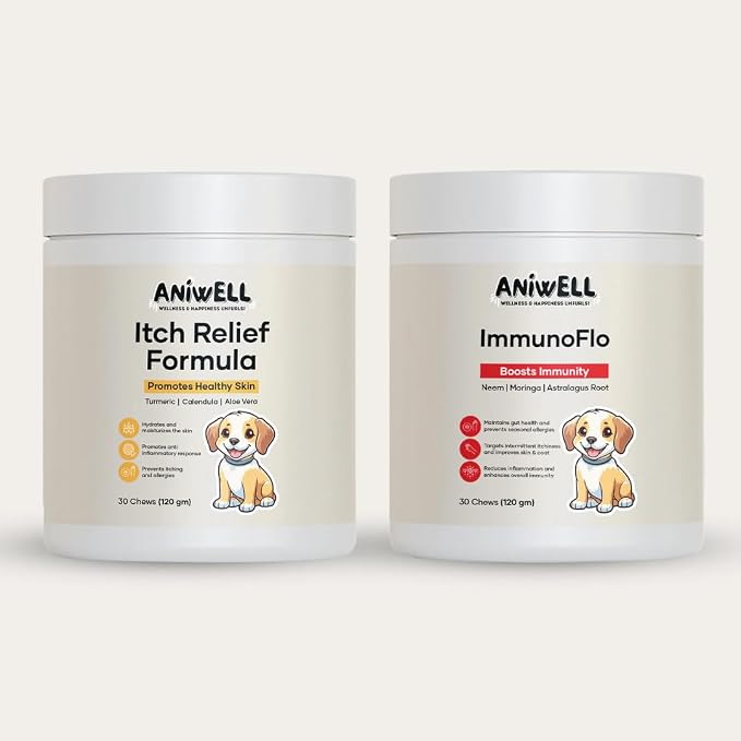 Dog Allergy & Itch Relief Combo | ImmunoFlo Immune Support Chews + Itch Relief Bites with Salmon Flavor | Daily Skin Comfort & Immunity Support