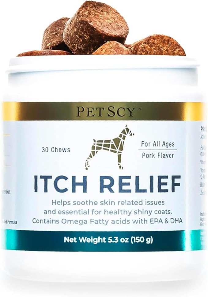 Dog Itch Relief Chews with Omega 3 Fatty Acids, EPA & DHA | Itch Relief for Dogs Nutritional Support, Immunity & Muscles | Itchy Skin Treatment for Dogs of All Ages, Pork Flavor - 30 Chews