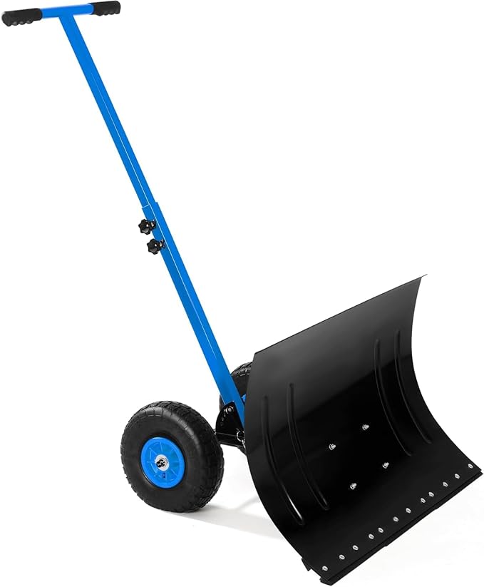Snow Shovel for Driveway with Wheels, 29.1" W x 19.3" H, Heavy Duty Snow Pusher, Snow Plow Shovel Rolling, Adjustable Angle & Height Carbon Steel Metal Blade, for Snow Removal Clear, for Garden, Deck