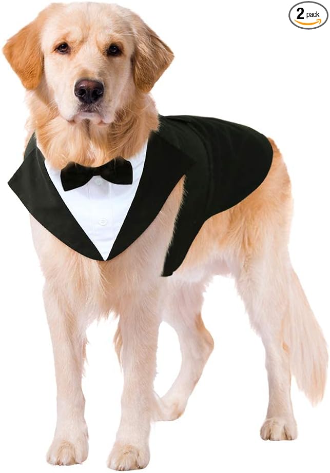 Dog Tuxedo Dog Suit and Bandana Set, Dogs Tuxedo Wedding Party Suit, Doggy Prince Bow Tie Shirt Formal Pet Wedding Attire for Large Medium and Small Dogs Golden Retriever Samo Bulldogs
