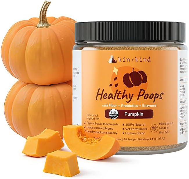 kin+kind Healthy Poops – USDA Organic Pumpkin Powder for Dogs and Cats – Prebiotic Pumpkin Powder, Supports Probiotic Activity – 4 oz