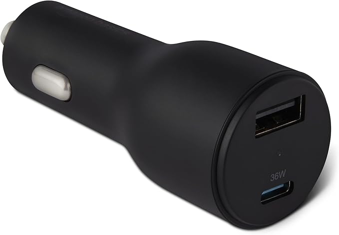 Fast-Charging Car Charger, Dual-Port, 1 USB-C + 1 USB-A, 48W, Black