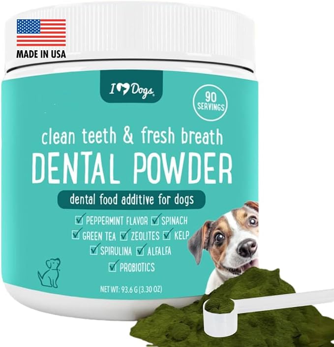 Clean Teeth & Fresh Breath Dental Powder for Dogs - Targets Tartar & Bad Breath - Natural Herbal Blend with Kelp, Probiotics - Mint, 90 Servings