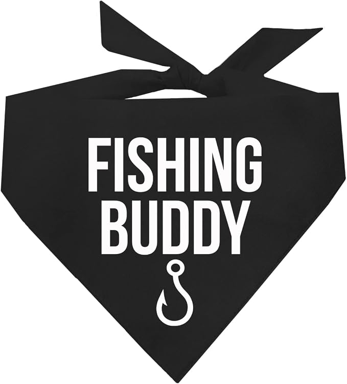 Fishing Buddy Dog Bandana | 100% Cotton Adjustable Triangle | Made in USA | Boat & Fishing | Captain | Beach & Lake | Summer | Outdoors |Father's Day | Black, One Size (99)