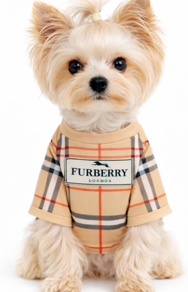 Luxury Designer Dog T Shirt – Trendy Puppy Clothes for Small Dogs, Fashion Pet Tee for French Bulldogs & Chihuahuas, Everything Chic Dog Apparel (FurberryTee, Large)