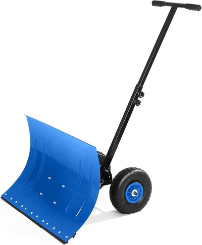 Snow Shovel for Driveway with Wheels, 29.1" W x 19.3" H, Heavy Duty Snow Pusher, Snow Plow Shovel Rolling, Adjustable Angle & Height Carbon Steel Metal Blade, for Snow Removal Clear, for Garden, Deck
