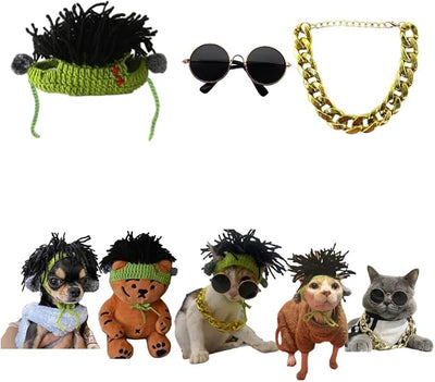 Funny Punk Style pet Costume Set for Cats and Small Dogs - Adjustable Hiphop Hat, Gold Necklace & Dog Sunglasses - Small Breed Halloween Costume, Hiphop Outfit & Clothes for Cats and Dogs