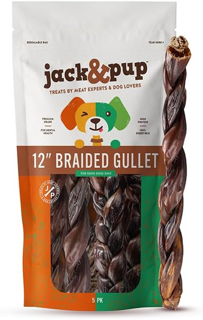 Jack&Pup Braided Gullet Sticks for Dogs | 12" Esophagus Dog Treats | Single Ingredient Beef Sticks (5 Ct)