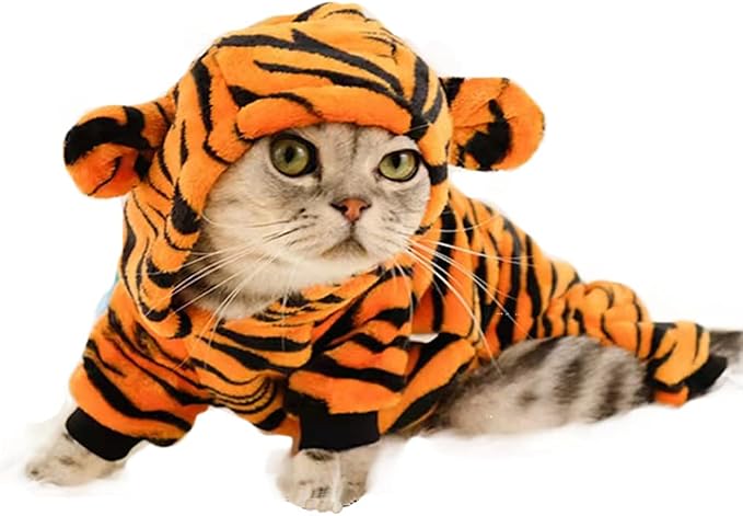 Dog Tiger Halloween Costume Cat Hoodies with Bunny Ears and Tail Puppy Warms Hooded Coat Pet Winter Clothes for Small Medium Dogs Kitten Kitty (Orange, X-Large)