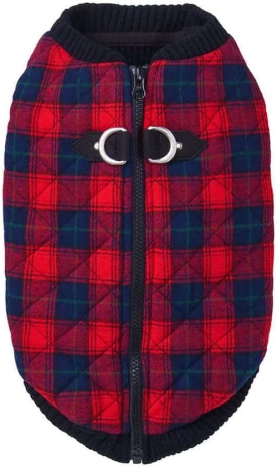 Fashion Vest Check Dog Jacket - Red Check, Small - Warm Zip Up Bomber Vest with Dual D Ring Leash - Winter Water Resistant Small Dog Sweater