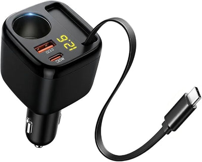 215W Retractable USB-C Car Charger, [PD 65W Laptop Fast Charging] 4 in 1 Cigarette Lighter Adapter, Socket Splitter with Multi Port, 12V Car USB Charger Adapter for iPhone 17 Pro Max, MacBook, GPS