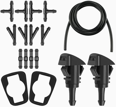 AUCELI 17 Pcs Set Windshield Washer Hose Kit, 12 Pcs Hose Connectors, 5M Washer Fluid Hose, 2 Fan Nozzles, 2 Rubber Gaskets, Connect Car Water Pump and Nozzles Suitable for Most Car