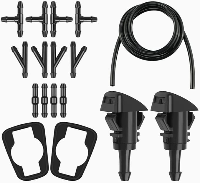 AUCELI 17 Pcs Set Windshield Washer Hose Kit, 12 Pcs Hose Connectors, 5M Washer Fluid Hose, 2 Fan Nozzles, 2 Rubber Gaskets, Connect Car Water Pump and Nozzles Suitable for Most Car