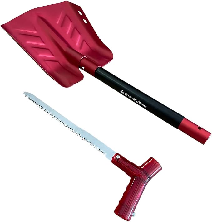 Emergency Snow Shovel with Saw - Converts from Dig to Chop/Hoe Mode - Portable for Snowmobiles, Skiing, Backcountry, Avalanche Rescue - Winter Survival Gear for Car, Camping - T6 Aluminum