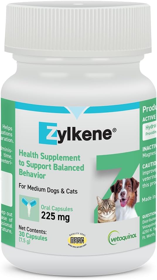 Vetoquinol Zylkene - Calming Oral Support for Medium Dogs & Large Cats - Supports Behavior & Occasional Anxiety - for Boarding, Vet Visits & Celebrations - Non-Drowsy & Lactose-Free - 30 Capsules