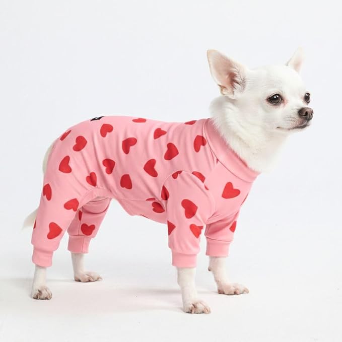 Spark Paws Dog Pajama, Dog Recovery Suit Male, Onesie, Ultra-Soft and 4-Way Stretch, for Small Medium and Large Breeds - Pink Hearts - S