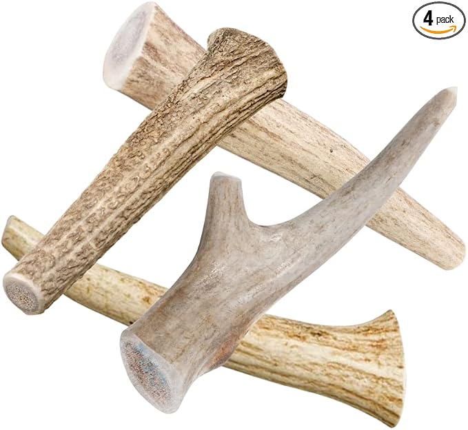 Deer Antlers for Dogs - 7+ Inch Large Dog Antler Chews Naturally Shed Antler Bone (4 Pack) for Large Breed Aggressive Chewers - Sourced in USA -Promotes Dental Hygiene- Rich in Calcium