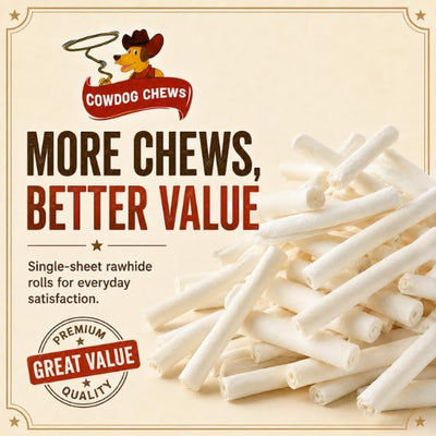 Cowdog Chews Beefhide Roll (7-8 inch) Long Lasting Dog Treat Bone, Great for Dental Health and Aggressive Chewers (80 Count)