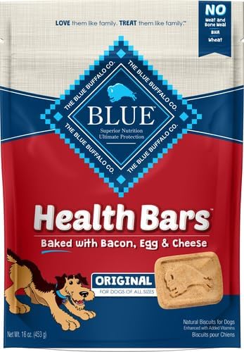 Blue Buffalo Health Bars Bacon, Egg & Cheese Crunchy Dog Biscuits, Oven-Baked with Real Bacon & Natural Ingredients, Healthy Dog Treats with No Artificial Flavors or Preservatives, 16 oz. (Pack of 4)