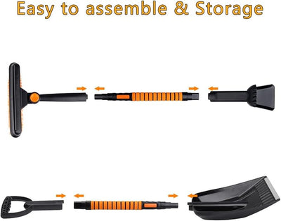 41" Length Snow Brush Ice Scraper with Snow Shovel, Foam Grip, Orange Black, ABS Aluminum, Extendable Handle, 180° Pivoting Head w/Wiper Blade, for Car Truck SUV Winter Christmas Home Use