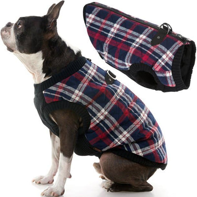 Gooby Fashion Vest Check Dog Jacket - White Check, X-Small - Warm Zip Up Bomber Vest Dual D Ring Leash - Winter Water Resistant Small Dog Sweater