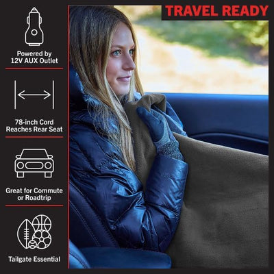 Stalwart Heated Car Blanket - 12V Heated Blanket for Car, Truck, RV or Camping - 59x43” Portable Electric Travel Throw - 2 Heat Levels - Tailgating Essentials (Gray)