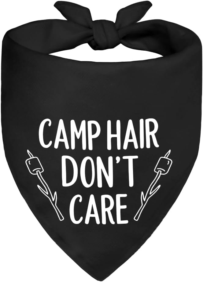 Camp Hair Don't Care Black Dog Bandana, Funny Pet Scarf Photo Prop Accessory for Nature Outdoor Adventure Hiking Camping Mountain, Christmas Birthday Gifts for Puppy Mom Dad Lover Camper