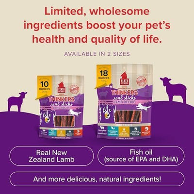 PLATO Pet Treats Thinkers - Meat Stick Treats for Dogs - Limited Ingredient Dog Treats with EPA and DHA to Support Skin, Coat, and Brain - Air-Dried Dog Treats - Thinkers Lamb 18oz - 2 Pack