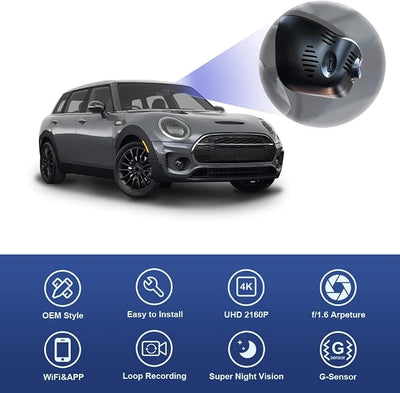 Fitcamx 4K Dash Cam Suitable for MINI Cooper Clubman S Countryman Convertible (Model A) Oxford F54/F55/F56/F57/F60, OEM Look, UHD 2160P Video, WiFi & APP, Loop Recording G-Sensor, Plug&Play, 64GB Card