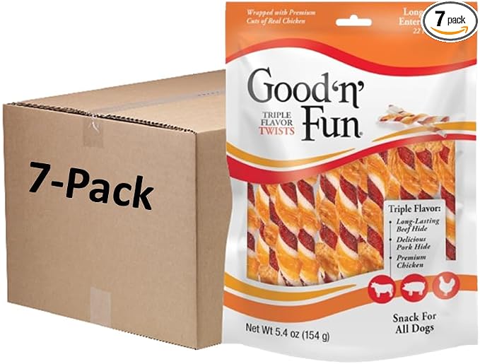 Good 'N' Fun Triple Flavor Twist Rawhide Treats for Dogs, 22 Count (7 Pack)