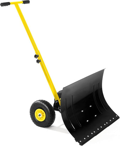 Snow Shovel for Driveway with Wheels, 29.1" W x 19.3" H, Heavy Duty Snow Pusher, Snow Plow Shovel Rolling, Adjustable Angle & Height Carbon Steel Metal Blade, for Snow Removal Clear, for Garden, Deck