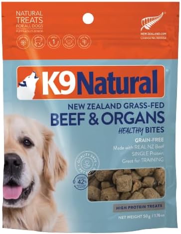 K9 Natural, Freeze-Dried Single Ingredient Dog Treats, High-Value, Low-Calorie Protein Bites for Active Dogs, Healthy Dog Training Treats, Grain-Free Reward, Beef & Organs, 1.76oz