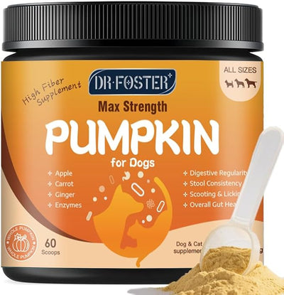 DRFOSTER Pumpkin Powder for Dogs - Fiber Supplements for Dogs & Cats with Organic Pumpkin, Apple, Carrots and Digestive Enzymes - Healthy Stool and Digestion, Diarrhea & Constipation Relief, 10.58 oz